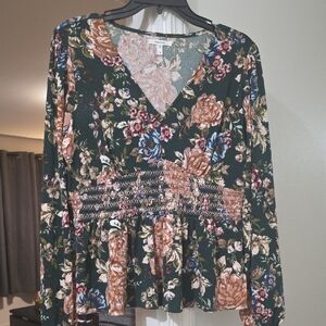 Maurices Green Smocked Peplum Blouse